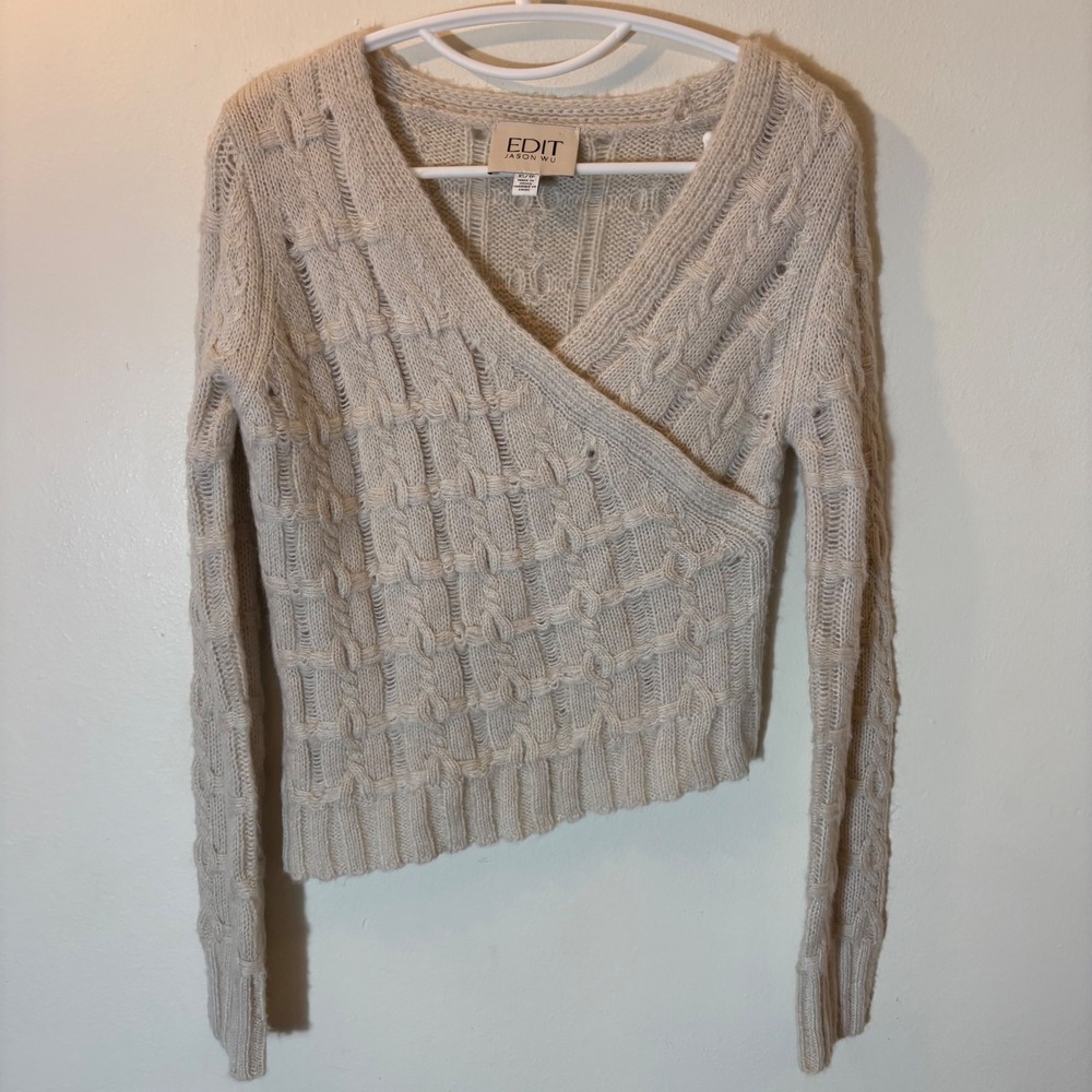 EDIT Jason Wu XS Oatmeal Textured Cable Knit Wrap Sweater Cropped Long Sleeve